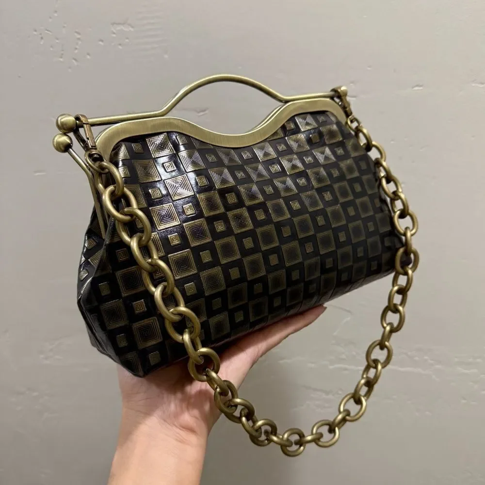 Vintage Pattern Genuine Calfskin Handmade Double Kisslock Purse/Multi Use Style